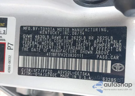 2014 Toyota Camry Se from USA, damaged, VIN 4T1BF1FK2EU830111